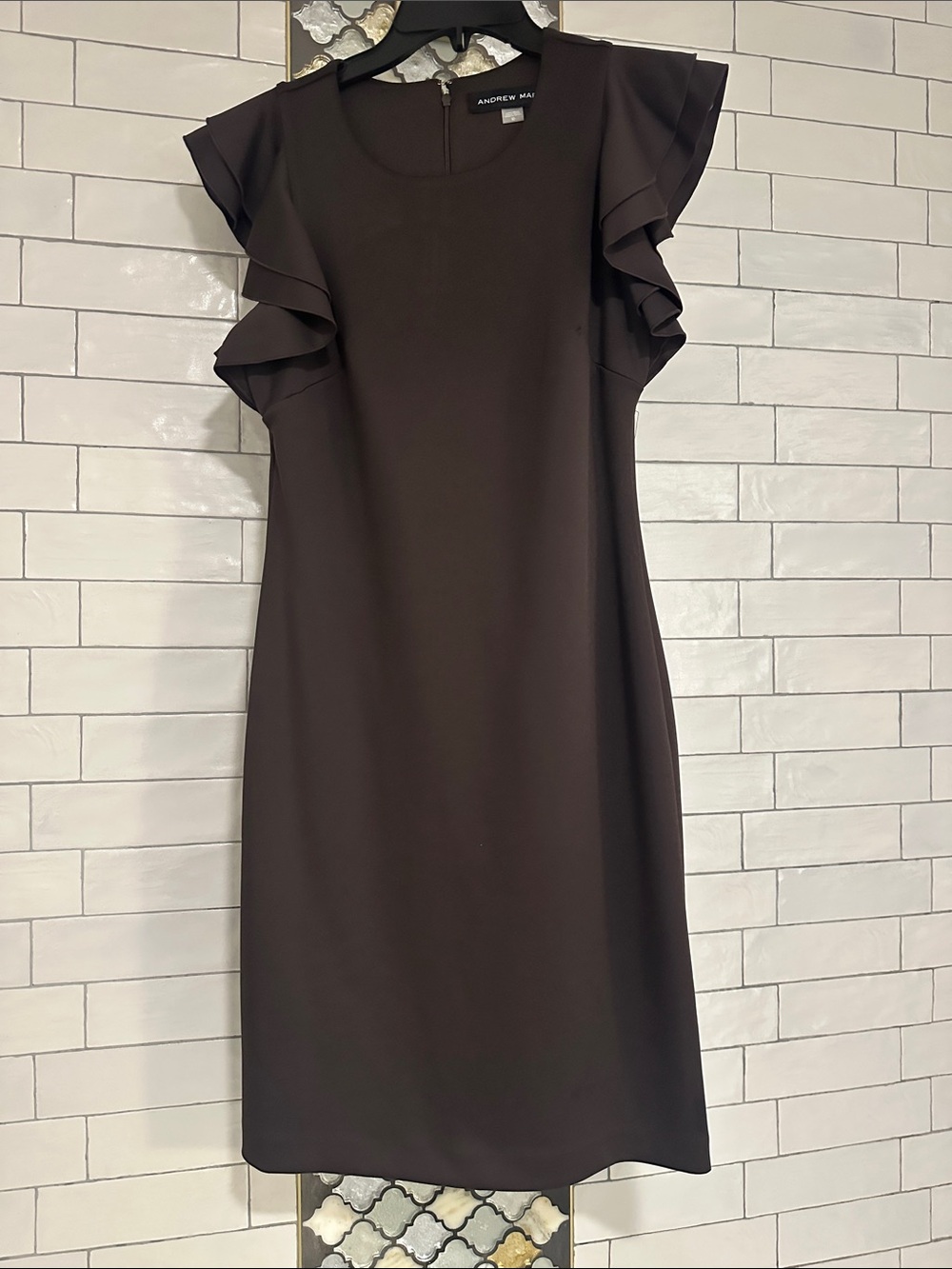 Andrew Marc Dark Brown Ruffle Sleeve Midi Dress